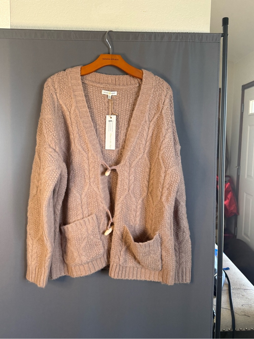 Woven Heart Mauve Cable Knit Cardigan with Toggle Closures